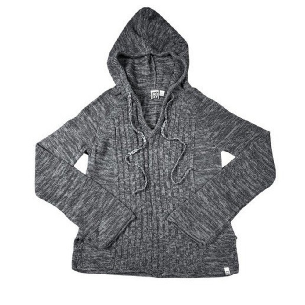 Roxy Hooded Knit Sweater Women's L Gray Surf Y2K Boho Coastal Beach Hoodie